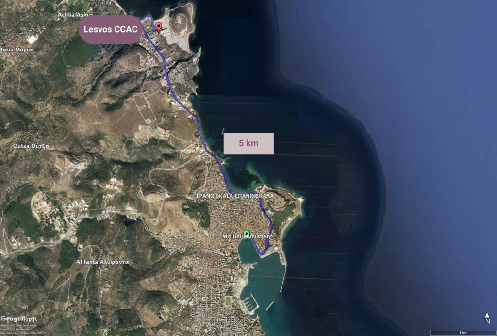 lesvos refugee camp/hostpot CCAC satelite image distance from islands urban center