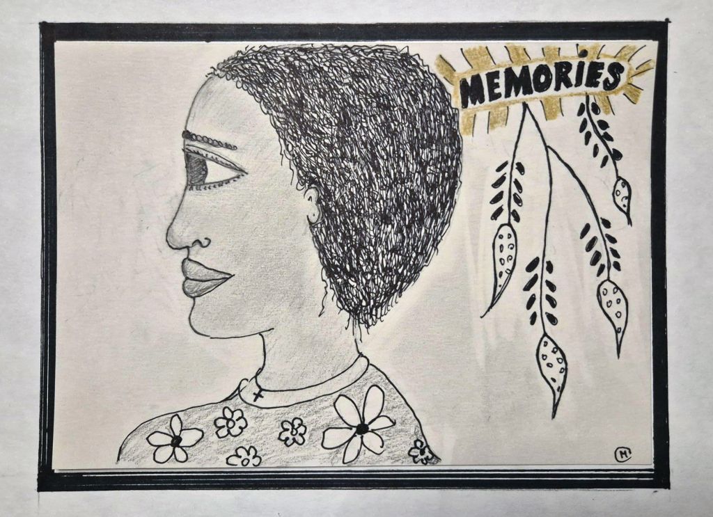 Aminata - A sketch by the photographer and artist Marily Stroux, who illustrated the women's words answering on: What did you manage to bring along to Greece from your home country after escaping?