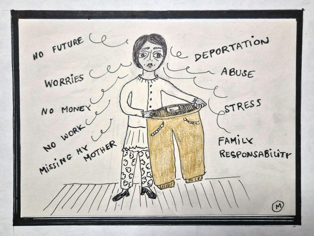 Arezu - A sketch by the photographer and artist Marily Stroux, who illustrated the women's words answering on: What did you manage to bring along to Greece from your home country after escaping?