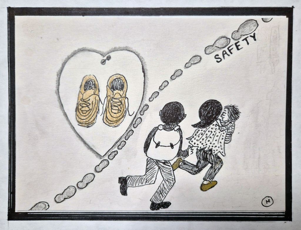 Deniz - A sketch by the photographer and artist Marily Stroux, who illustrated the women's words answering on: What did you manage to bring along to Greece from your home country after escaping?