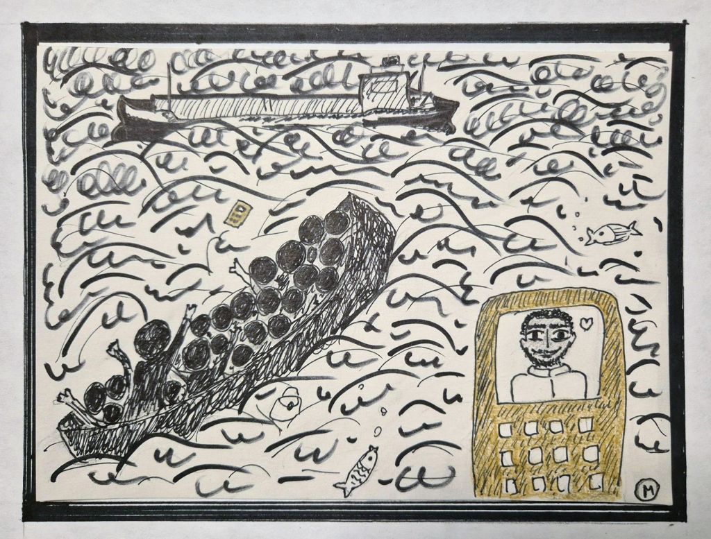 Dunya - A sketch by the photographer and artist Marily Stroux, who illustrated the women's words answering on: What did you manage to bring along to Greece from your home country after escaping?