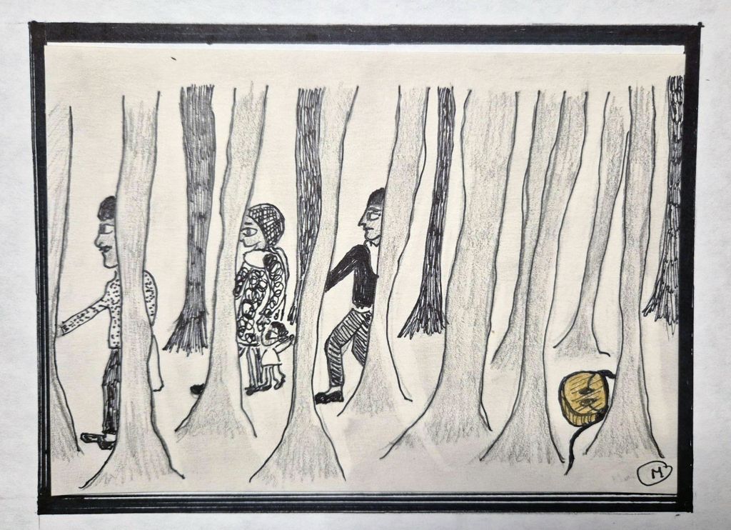 Nargis - A sketch by the photographer and artist Marily Stroux, who illustrated the women's words answering on: What did you manage to bring along to Greece from your home country after escaping?
