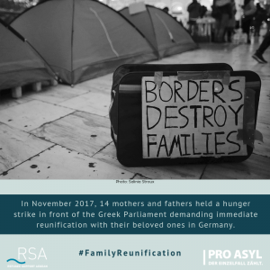 In November 2017, 14 mothers and fathers held a hunger strike in front of the Greek Parliament demanding immediate reunify with their beloved ones in Germany.