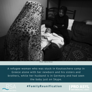 A refugee woman who was stuck in Koutsochero camp in Greece alone with her newborn and his sisters and brothers, while her husband is in Germany and had seen the baby just on Skype. 