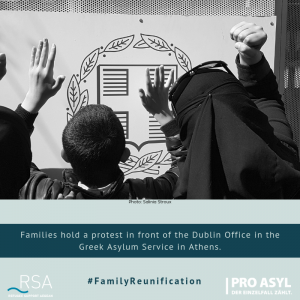 Families hold a protest in front of the Dublin Office in the Greek Asylum Service in Athens.