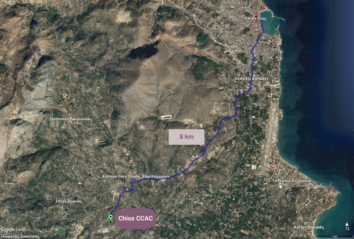 Chios refugee camp/hostpot CCAC satelite image distance from islands urban center