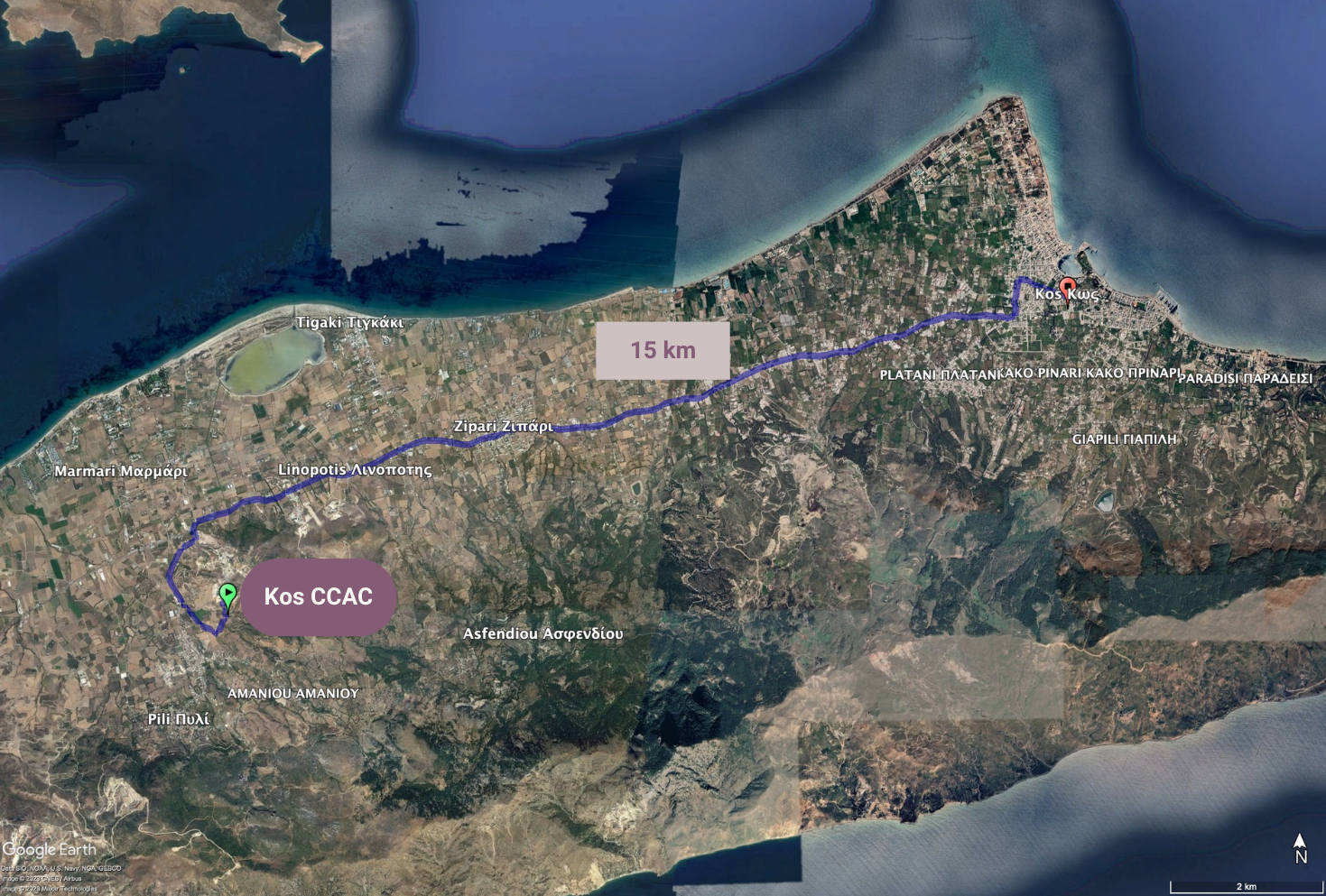 kos refugee camp/hostpot CCAC satelite image distance from islands urban center