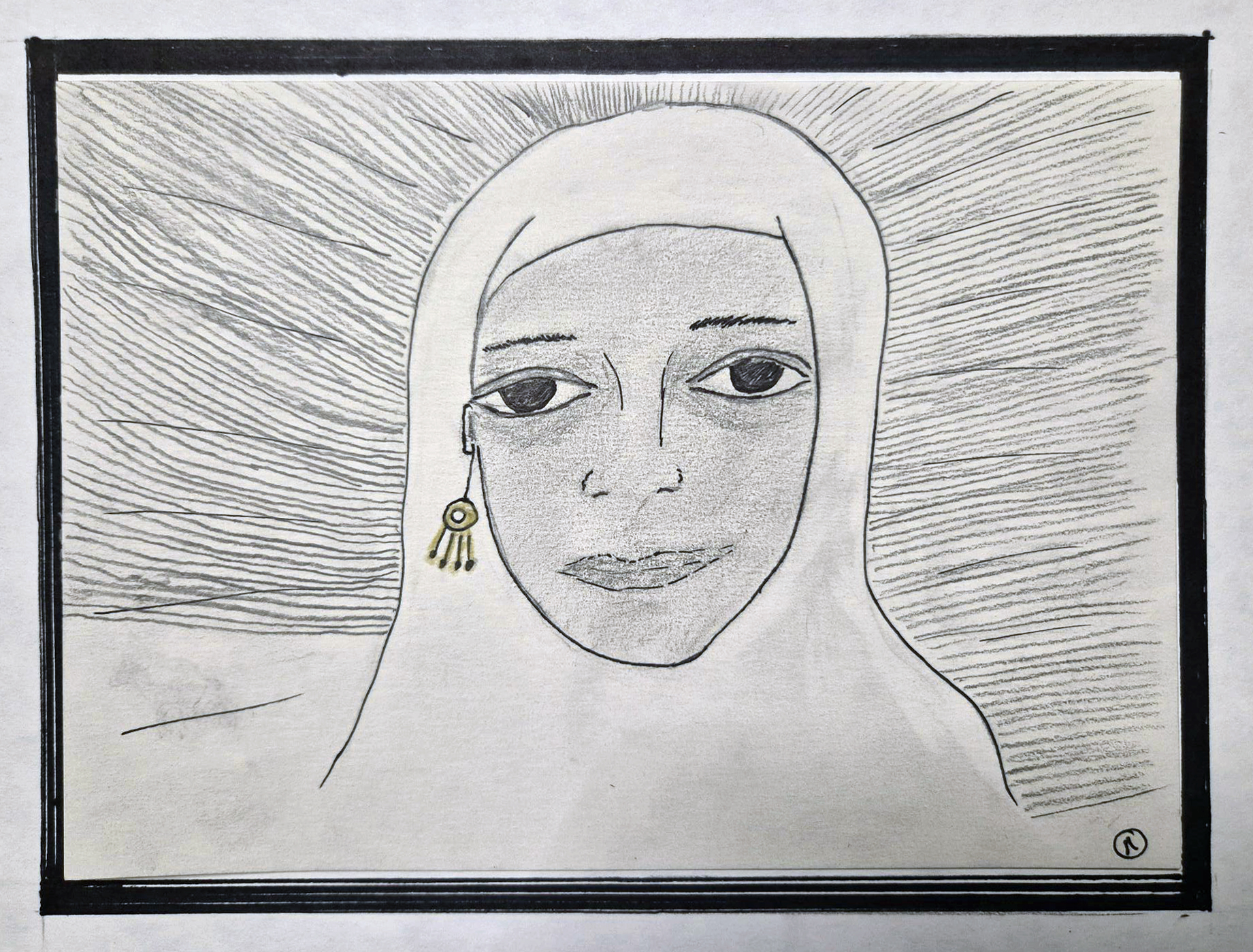 Sagal - A sketch by the photographer and artist Marily Stroux, who illustrated the women's words answering on: What did you manage to bring along to Greece from your home country after escaping?